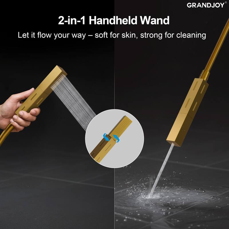 GRANDJOY Thermostatic LED Rain and Waterfall Shower System with Handheld, Built-In Music Function