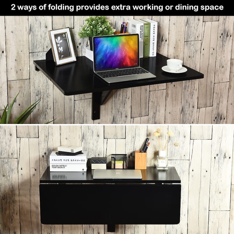 Gymax Wall-Mounted Drop-Leaf Table Floating Folding Desk Space Saver