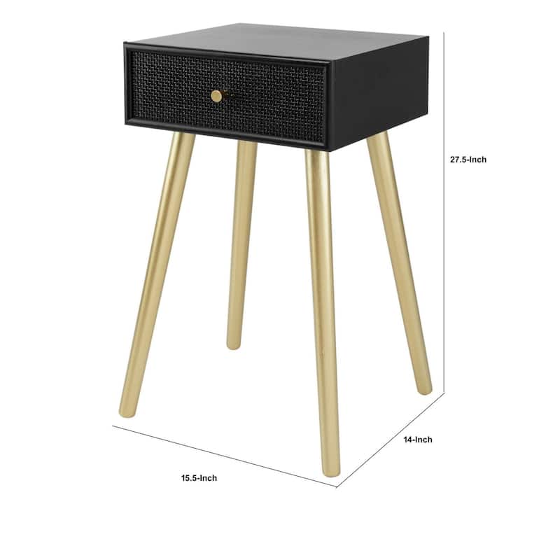 14 in. Black and Gold Rectangle Wood End Table with Storage Drawer for Convenience
