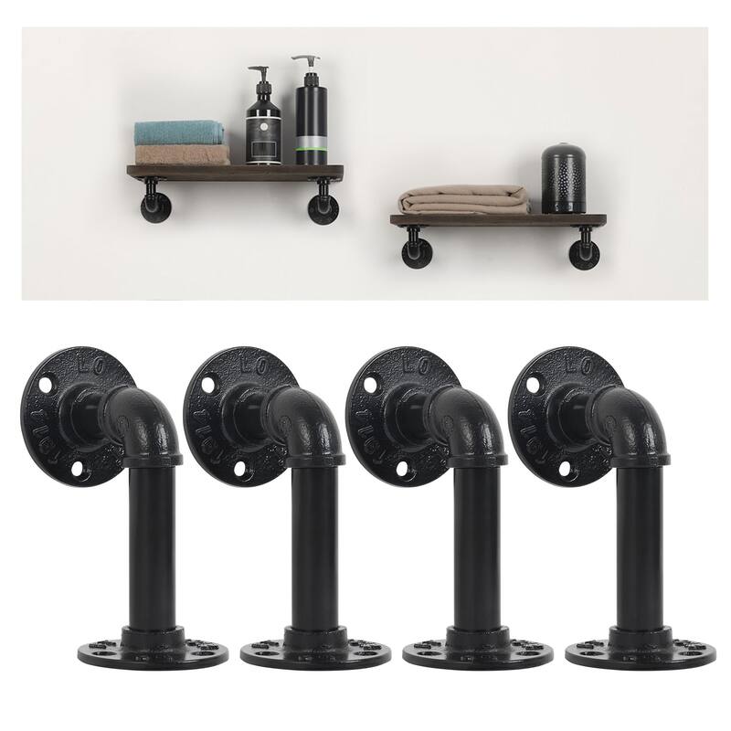 4 Pack Pipe Floating Shelf Bracket Heavy Duty, Black L Pipe Iron Shelving Brackets for Shelves - Dark