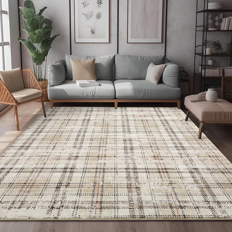 Garvee Earthy Plaid Soft Low Pile Foldable Area Rug