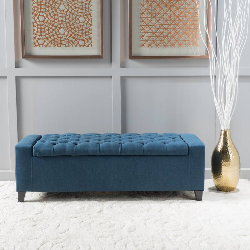 50.75" Fabric End of Bed Storage Bench, Upholstered Storage Ottoman Bench with Safety Hinge, Stylish Large Ottoman - Navy Blue