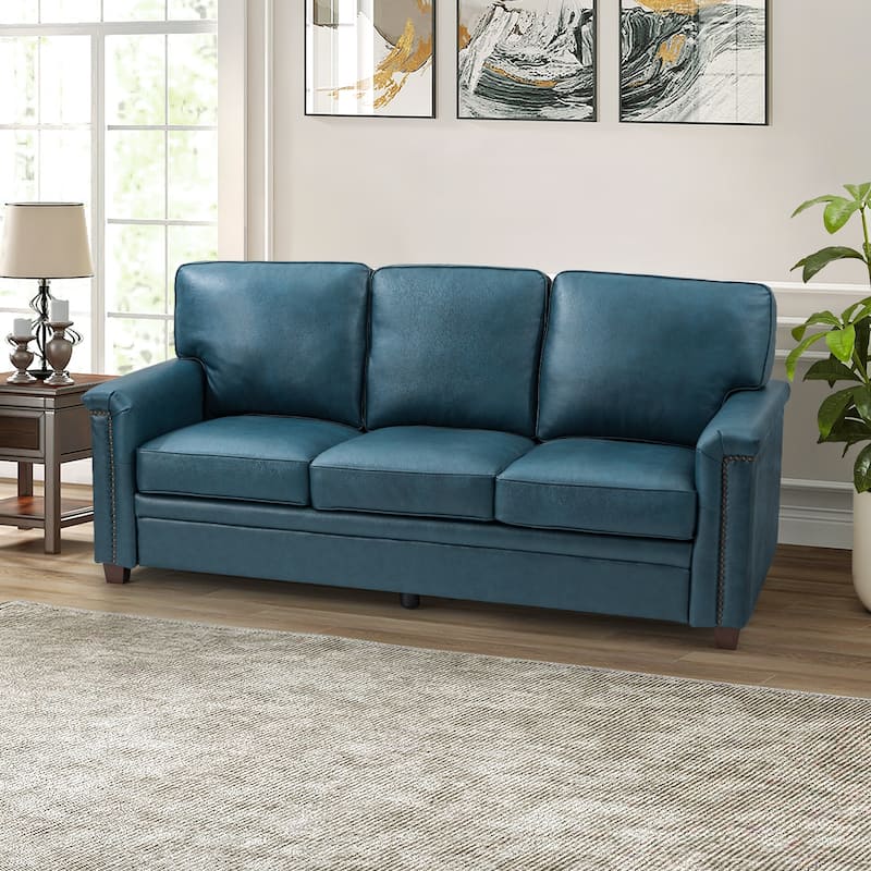 Rita Transitional Living Room 3-Seat Genuine Leather Nailhead Sofa with Solid Wood Legs and Removable Cushions - TURQUOISE