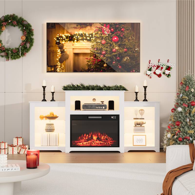 32" H TV Stand with Fireplace for TVs up to 80" - Remote Control, Energy-Efficient Heater, 16-Color Light Strip