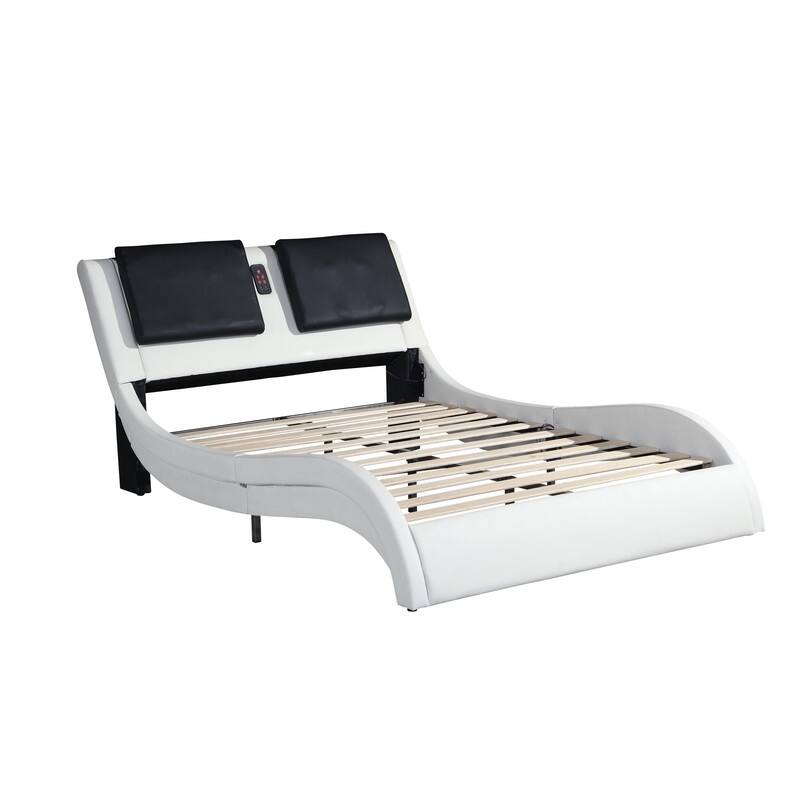 Platform Bed Frame with Led Lighting,Bluetooth Connection to Play Music,Backrest Vibration Massage - White