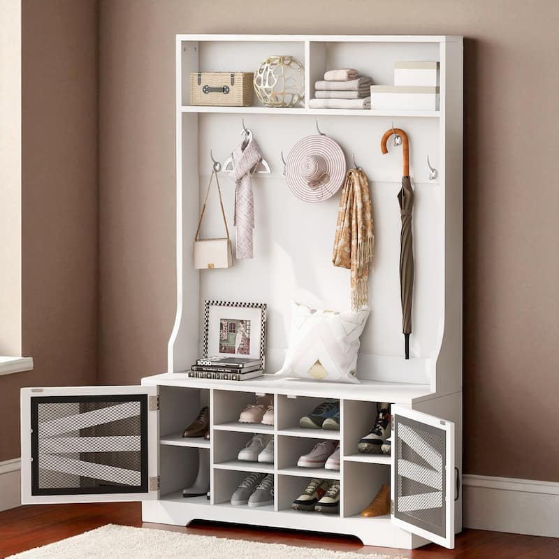 43.3" Hall Tree with Bench, 7 Hooks, Mesh-Door Cabinet, Adjustable Shelves, Entryway Coat Rack Organizer