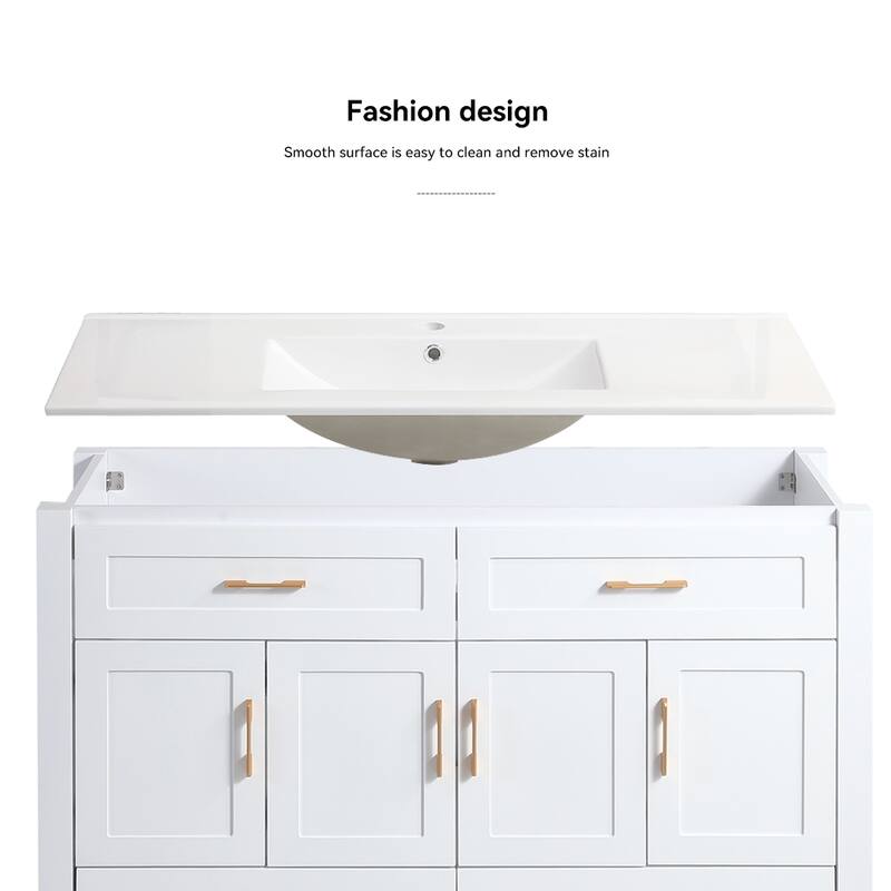 48 Inch Bathroom Vanity with Ceramic Sink Combo, MDF Freestanding Vanity Cabinet with 4 Soft Close Doors and 4 Drawers