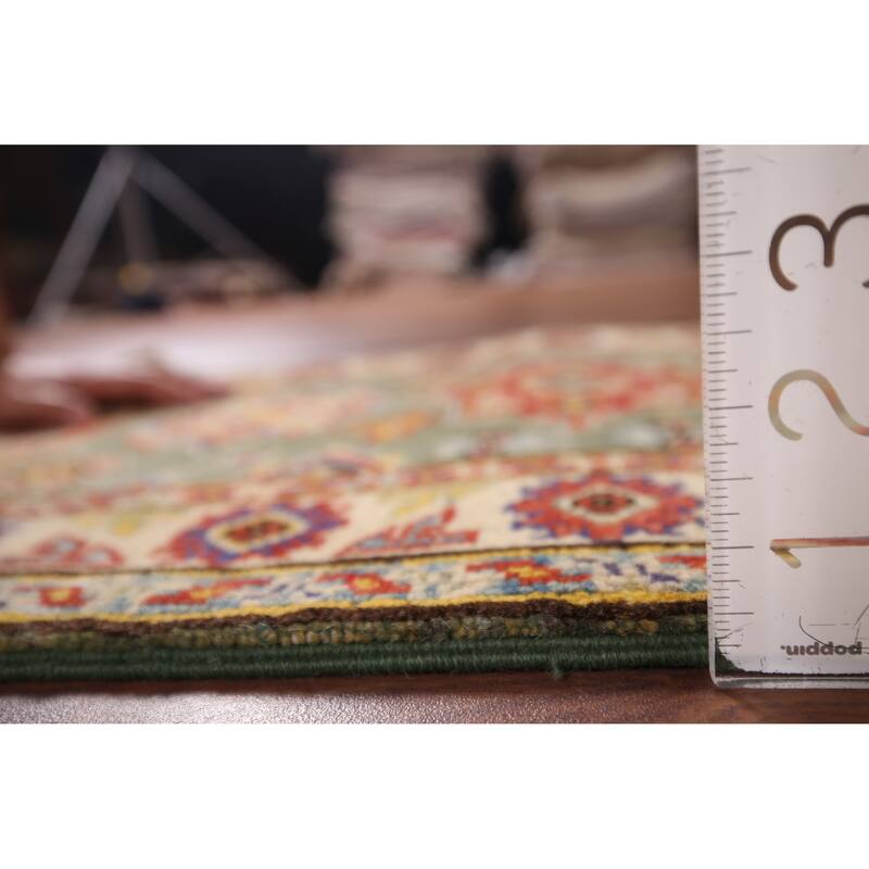 Geometric Kazak Foyer Rug Hand-Knotted Green Wool Carpet - 2'0" x 2'10"