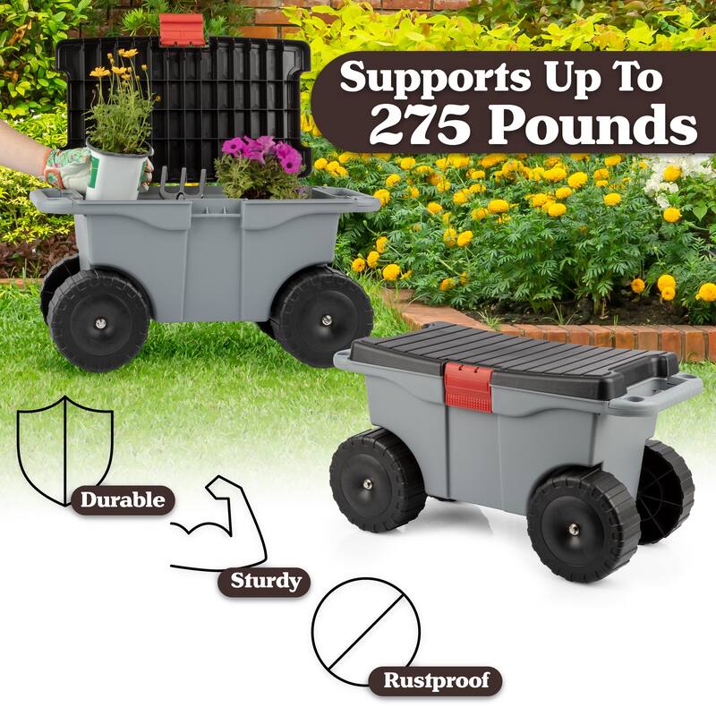 Rolling Garden Cart with Seat - Plastic Storage with Bench and Interior Tool Tray by Pure Garden (Gray)