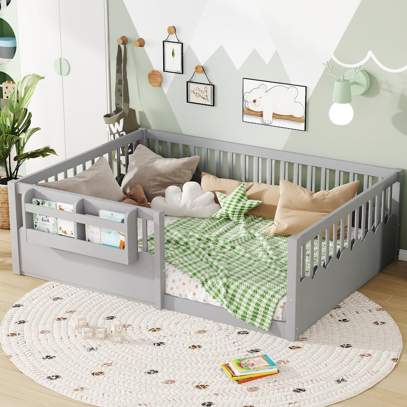 Full Floor bed with Heightened Fence and bookshelf, Wood Floor Bed for Kids