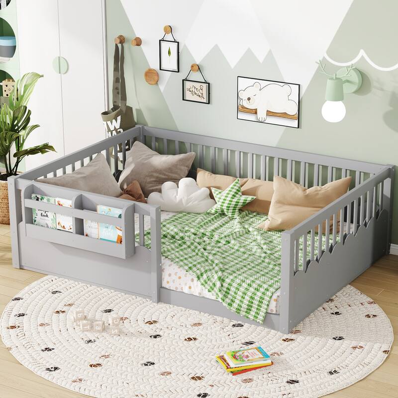 Queen/Full/Twin Floor Bed with Fence and Bookshelf, Wood Kids Floor Bed