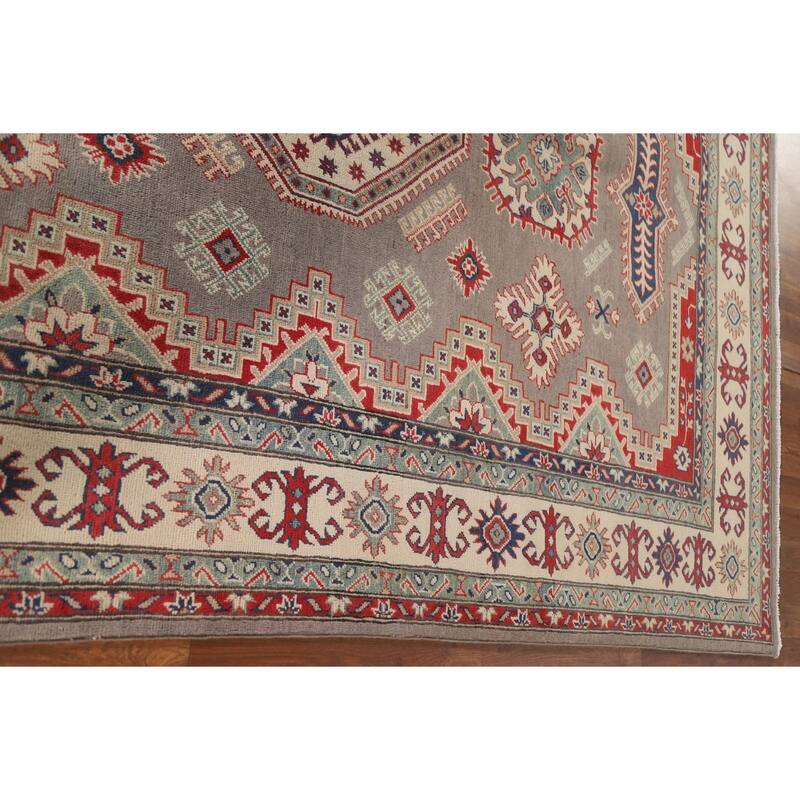 Hand Knotted Oriental 100% Wool Carpet Traditional Geometric Brown Kazak Area Rug - 9' 5'' X 6' 7''