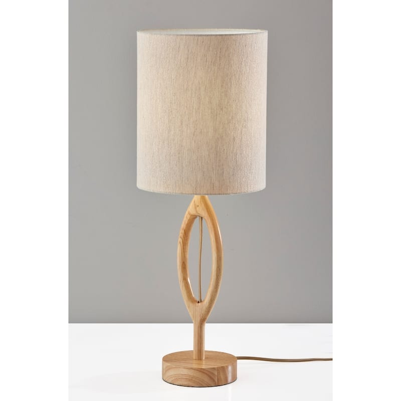 Wood Fabric Drum Shade Table Lamp with Geometric Base and Socket Switch - 10” x 10” x 27.5” (D x W x H)