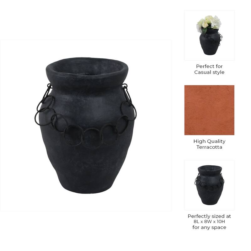 Pottery Terracotta Vase with Ring Accent Detail Modern Display Piece