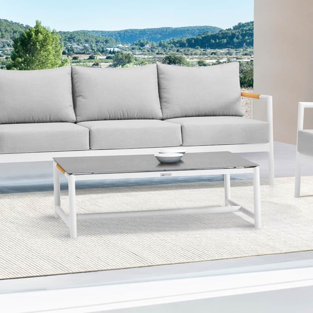 Crown Aluminum and Teak Wood 43" Outdoor Coffee Table in White and Gray