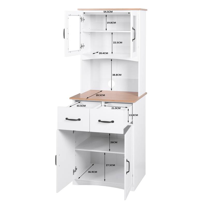 Kitchen Pantry Cabinet with Framed Glass Doors, Wooden Storage Hutch with Adjustable Shelves, Cupboard with Open Countertop