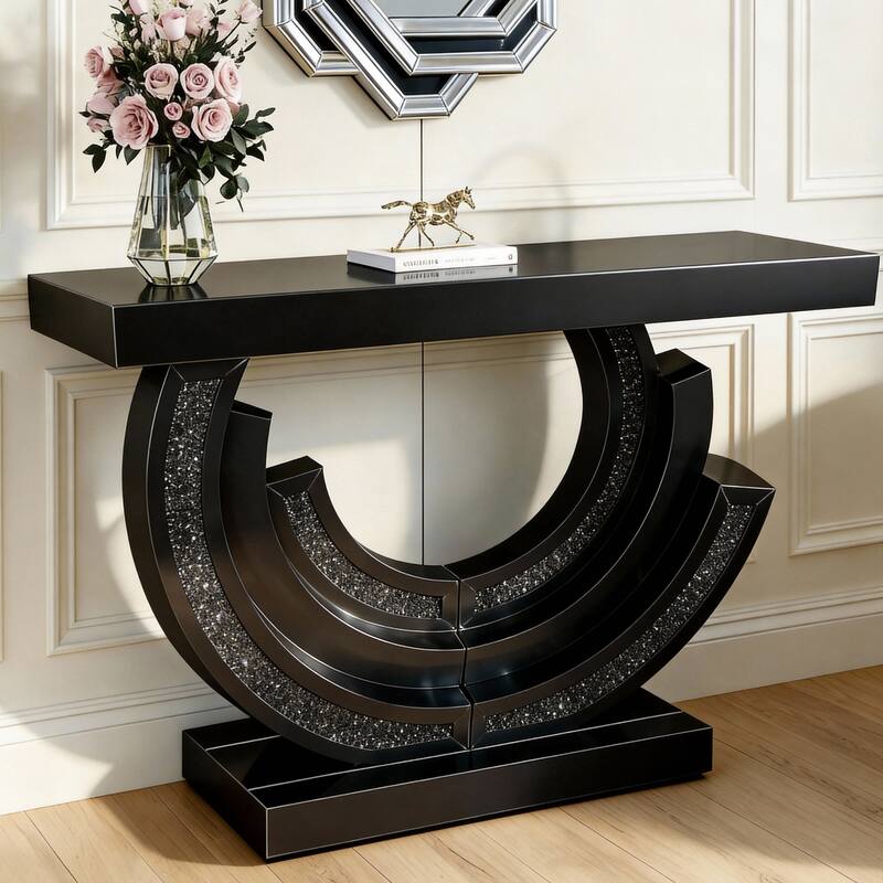 New Design Crushed Diamond Mirrored Console Table, Entryway Table With Diamond Inlay, Long Accent Table, Glass Sofa Table