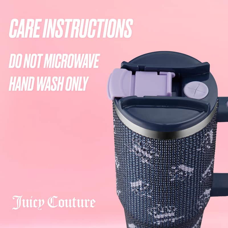 Juicy Couture Jetsetter Hydration Stainless Steel Tumbler with Handle and Straw With Topper