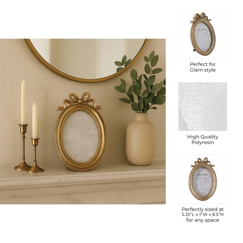 Gold 4x6 in. Polyresin Oval Coquette Photo Frame with Bow