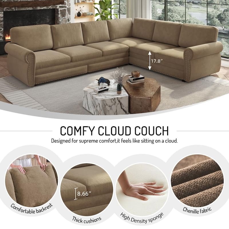 Homy Casa L-Shaped Sectional Sofa w/ Pull-Out Bed, Chenille Sleeper Couch w/ Nailhead Trim & Rolled Arm, Oversize