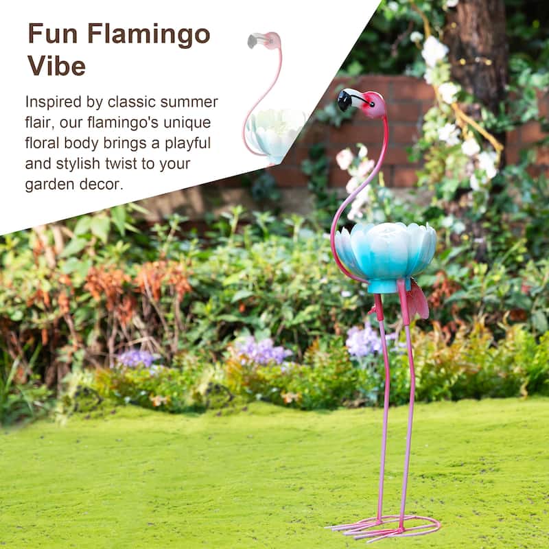  Glitzhome 26.25"H Standing Flamingo Solar Lighting Metal Statue for Outside Patio Lawn Balcony Backyard Decorations