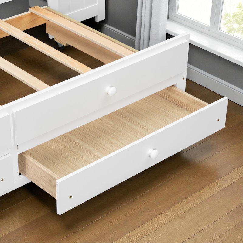 Full Size Daybed with Storage Shelves, Drawers, Trundle, Desk, Cabinet, LED Light and Charging Station, Pine Wood Frame