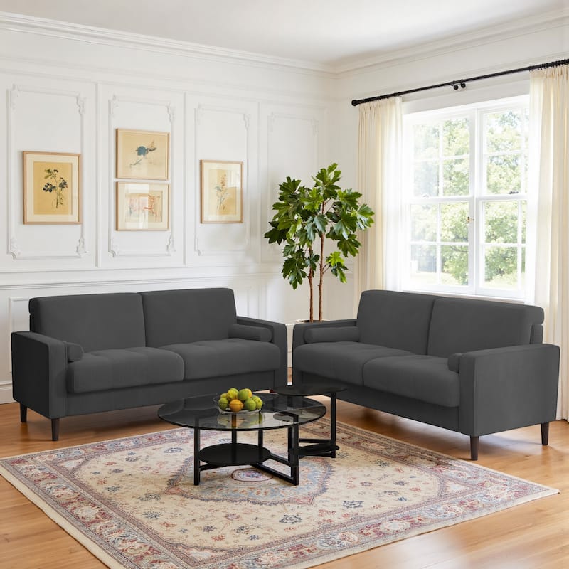 Modern Corduroy Upholstered Loveseat with Bolster Pillows and Wood Legs - Grey/2 set
