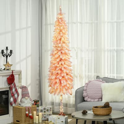 HOMCOM 7ft Tall Pencil Prelit Artificial Christmas Tree Holiday Décor with 703 Snow Flocked Branches, Downswept Shape, Pink