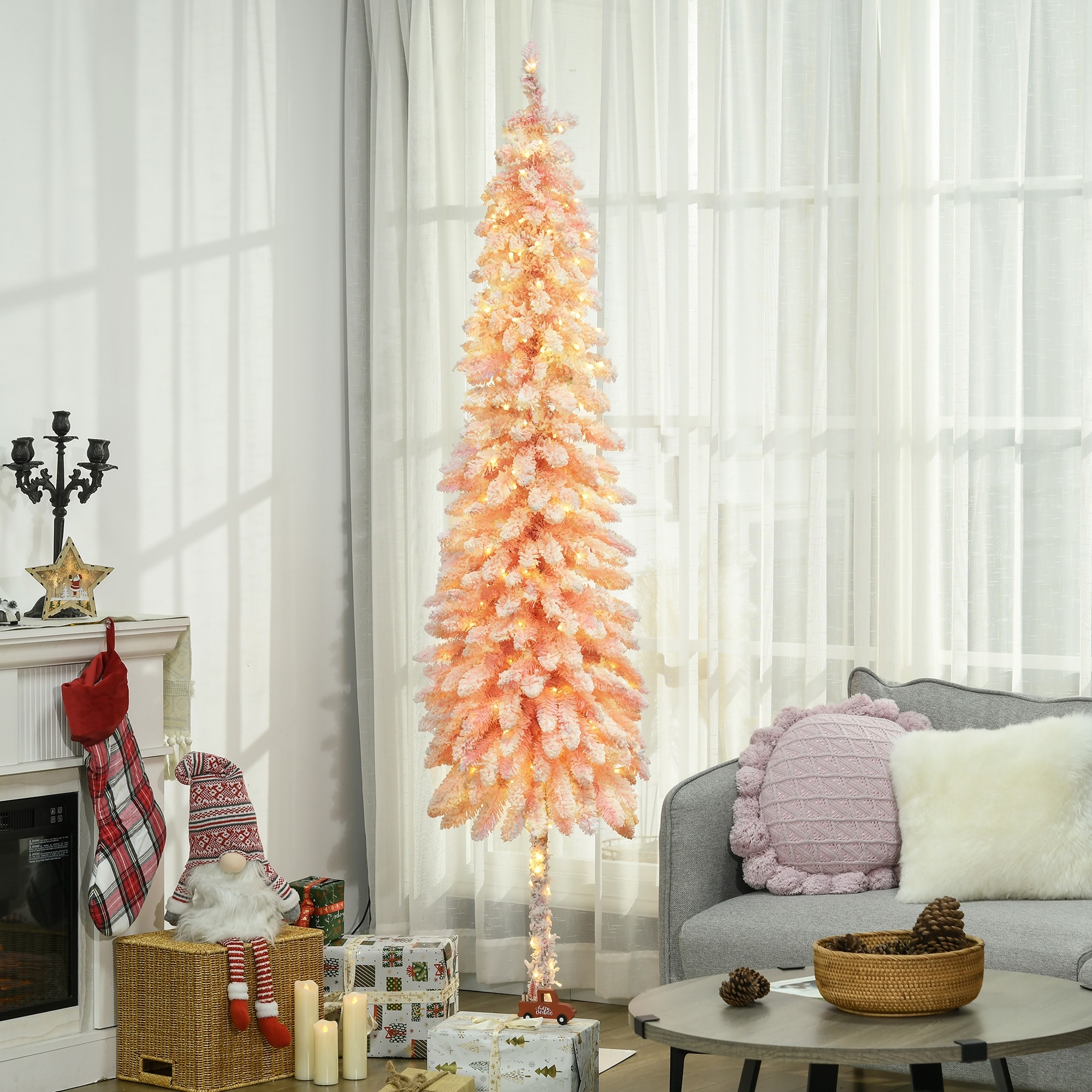 HOMCOM 7ft Tall Pencil Prelit Artificial Christmas Tree Holiday Décor with 703 Snow Flocked Branches, Downswept Shape, Pink