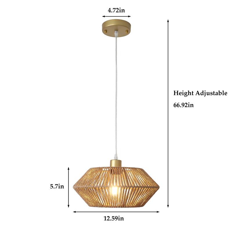 1-Light Modern Semi Flush Mount Chandelier, Handmade Rattan Hanging Pendant Light for Kitchen Island - W12.59"x H5.7"
