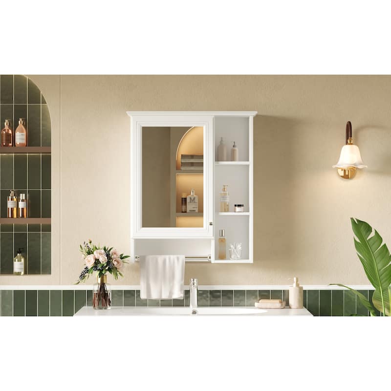 3-in-1 Bathroom Mirror Cabinet, 24-inch Wall Mounted Medicine Cabinet with Adjustable Shelf & Tower Bar