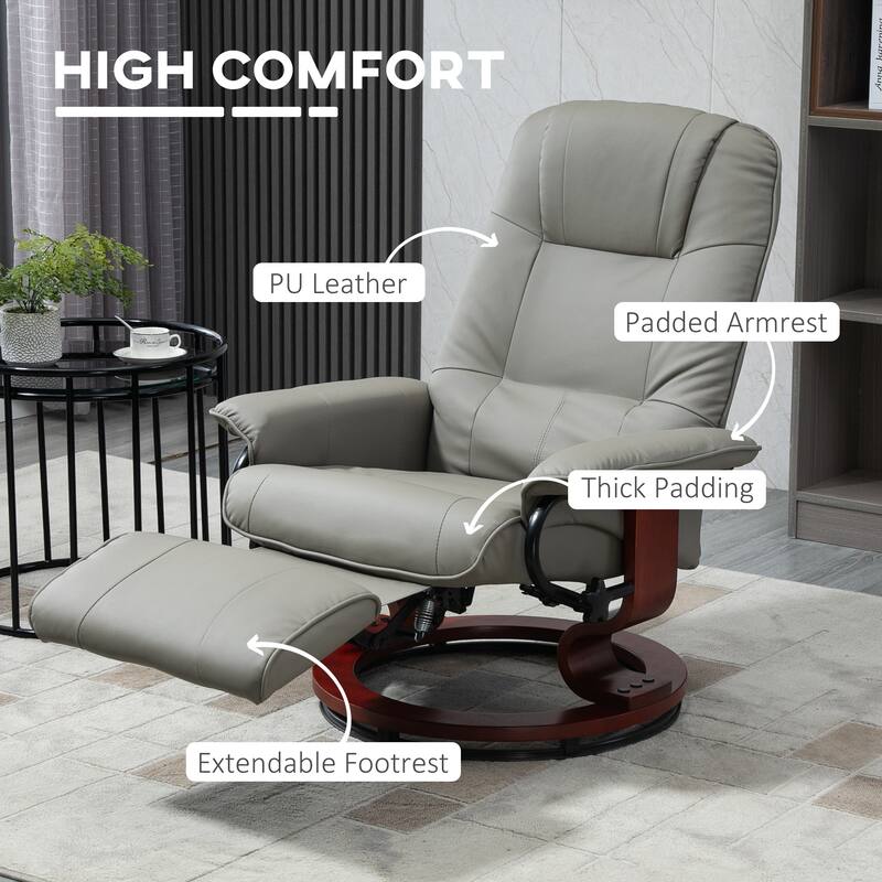Faux Leather Manual Recliner: Adjustable Swivel Lounge Chair with Footrest, Armrest and Wrapped Wood Base for Living Room