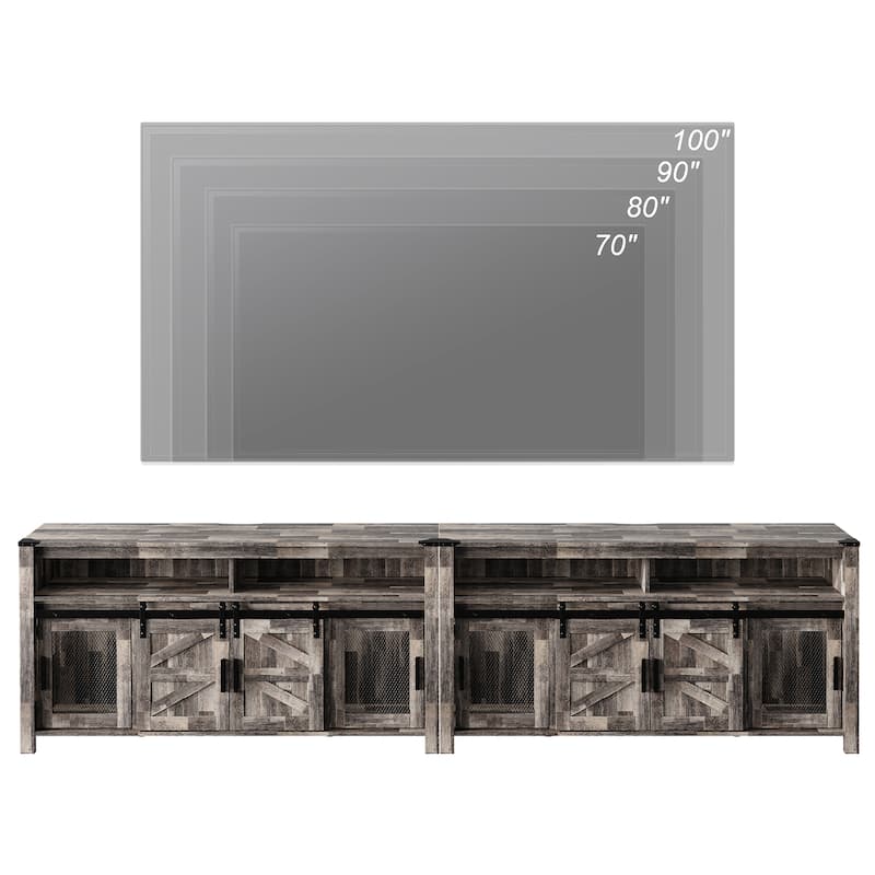 Rustic Wood TV Stand with Mesh and Sliding Barn Doors for Living Room