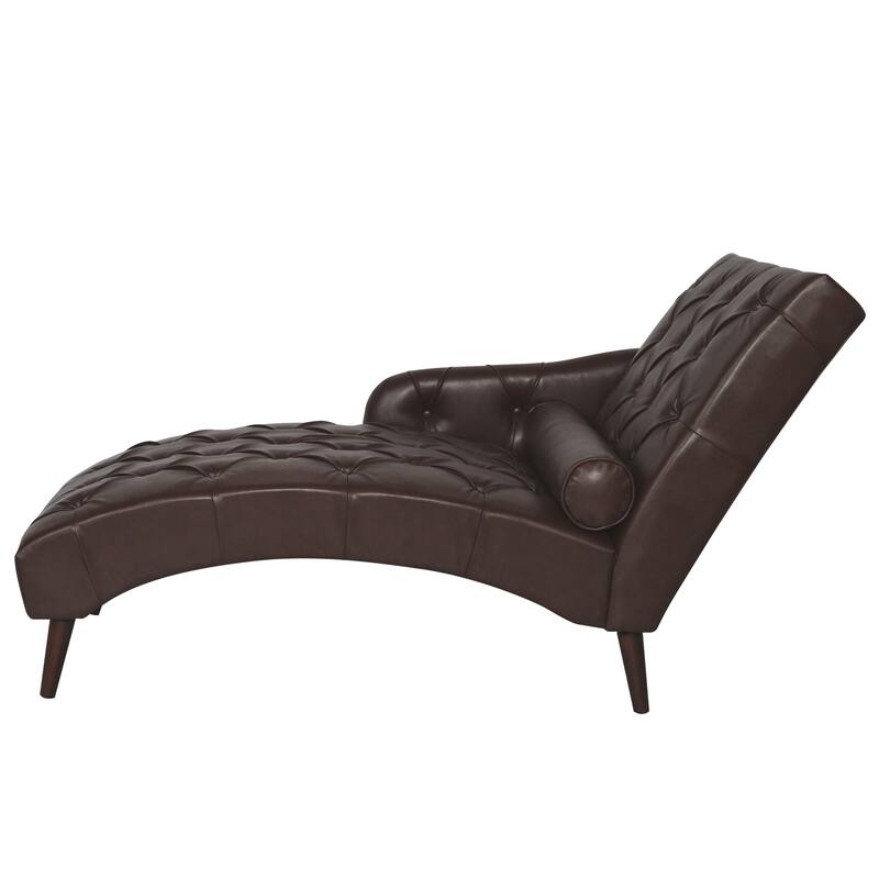 Faux Leather Chaise Lounge Chair with Pillow and Solid Wood Legs, Tufted Upholstered Accent Lounge Chair with Arm