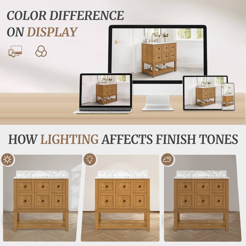 48" Bathroom Vanity with Sink, Marble Countertop Single Bathroom Vanity with 6 Drawers, White