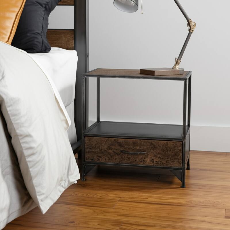 HomeRoots 28" Brown And Dark Gray Steel and Solid Wood Distressed One Drawer Nightstand - Brown - 1-drawer