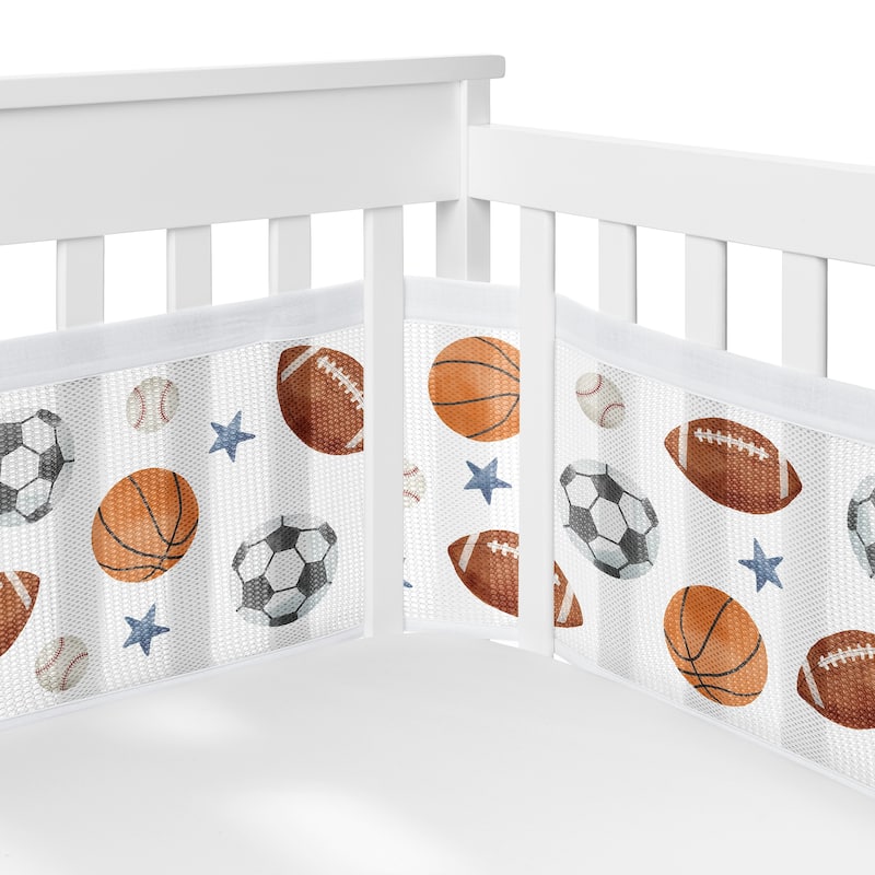 Sweet Jojo Designs 6p Crib Bedding + BreathableBaby Breathable Mesh Liner Sports Theme Boy Watercolor Balls Star