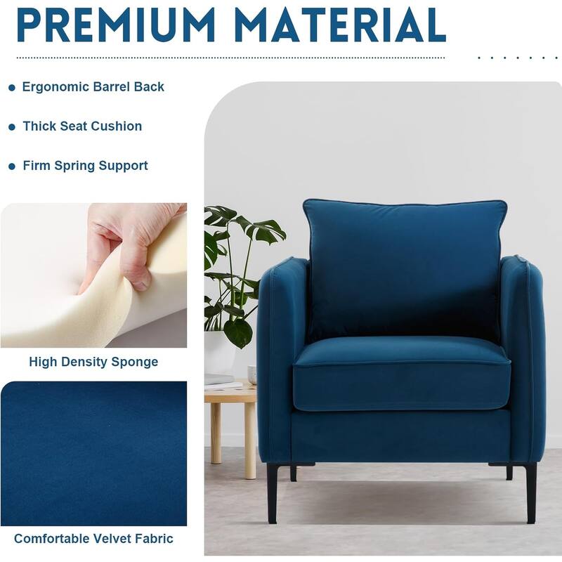 Velvet Accent Chair for Living Room, Mid Century Modern Single Sofa Chair with Pillow and Metal Legs