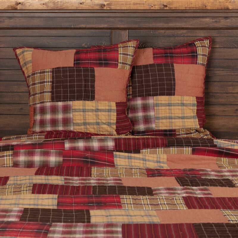 Red Rustic Bedding VHC Wyatt Euro Sham Cotton Patchwork - Euro Sham 26x26 - Khaki/Espresso/Crimson