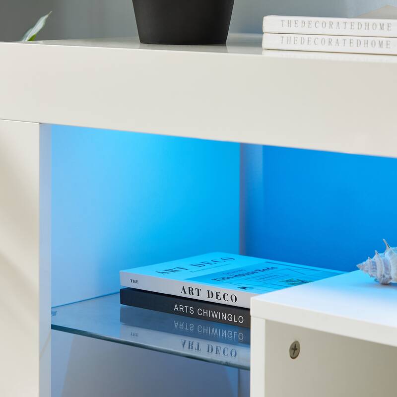 GDF Studio - Modern White Particle Board TV Stand with LED Light Belt and Glass Shelf