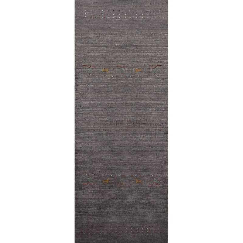 Dark Gray Striped Gabbeh Oriental Runner Rug Hand-Knotted Wool Carpet - 2'9"x 9'6"