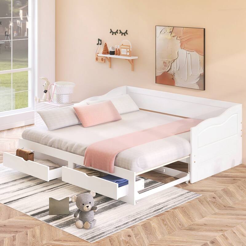 Wooden Daybed with Trundle Bed and Two Storage Drawers