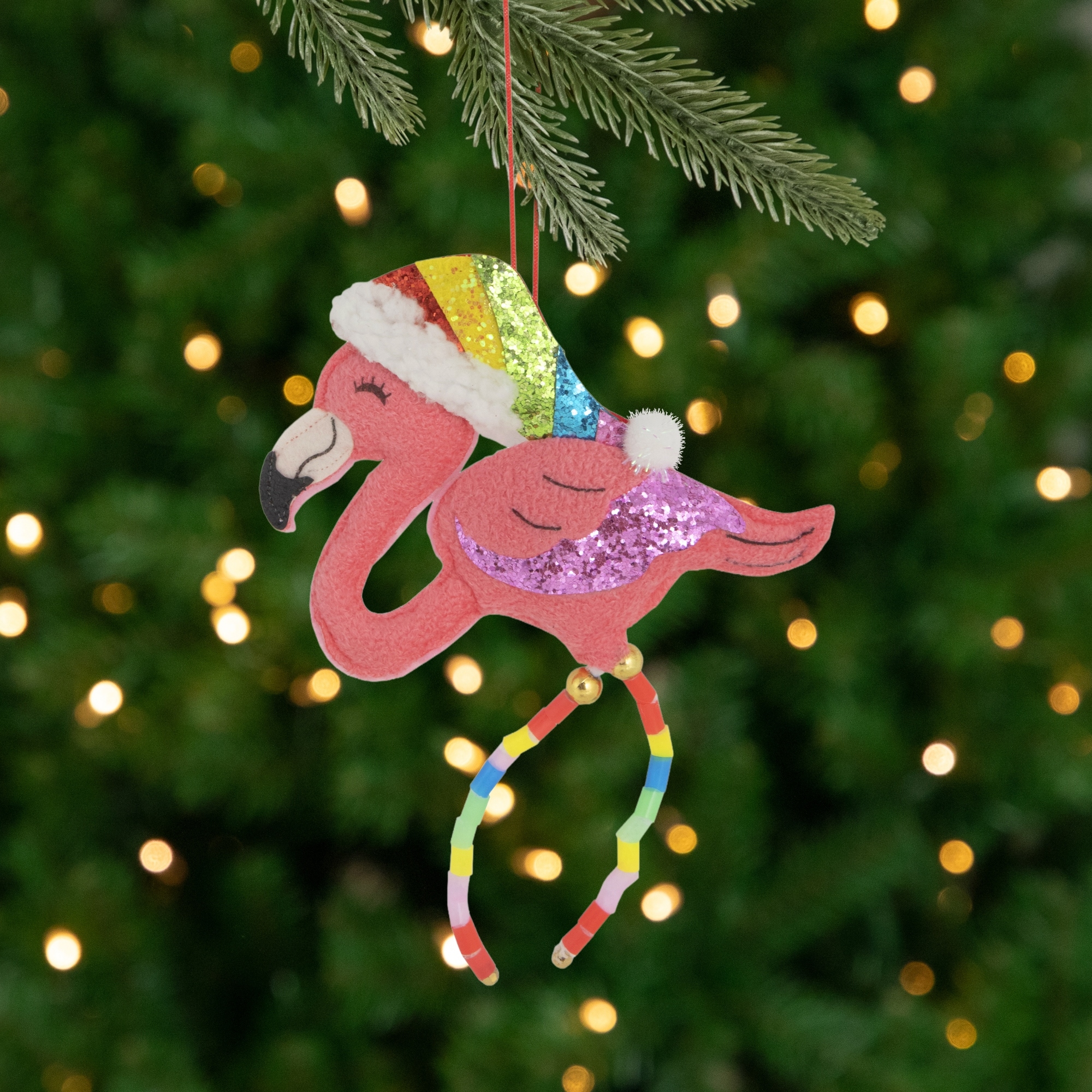 7.5" Pink Plush Flamingo with Rainbow Santa Hat Christmas Ornament