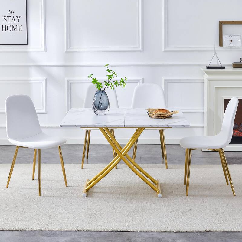 5-Piece Lifting Wood Dining Table Set for 4, Kitchen Square Dining Table with 4 Chairs Modern Space-Saving Table and Chair Set