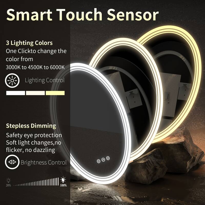 UL Certified Oval LED Bathroom wall Mirror, Anti-fog, 3-Color Dimmable