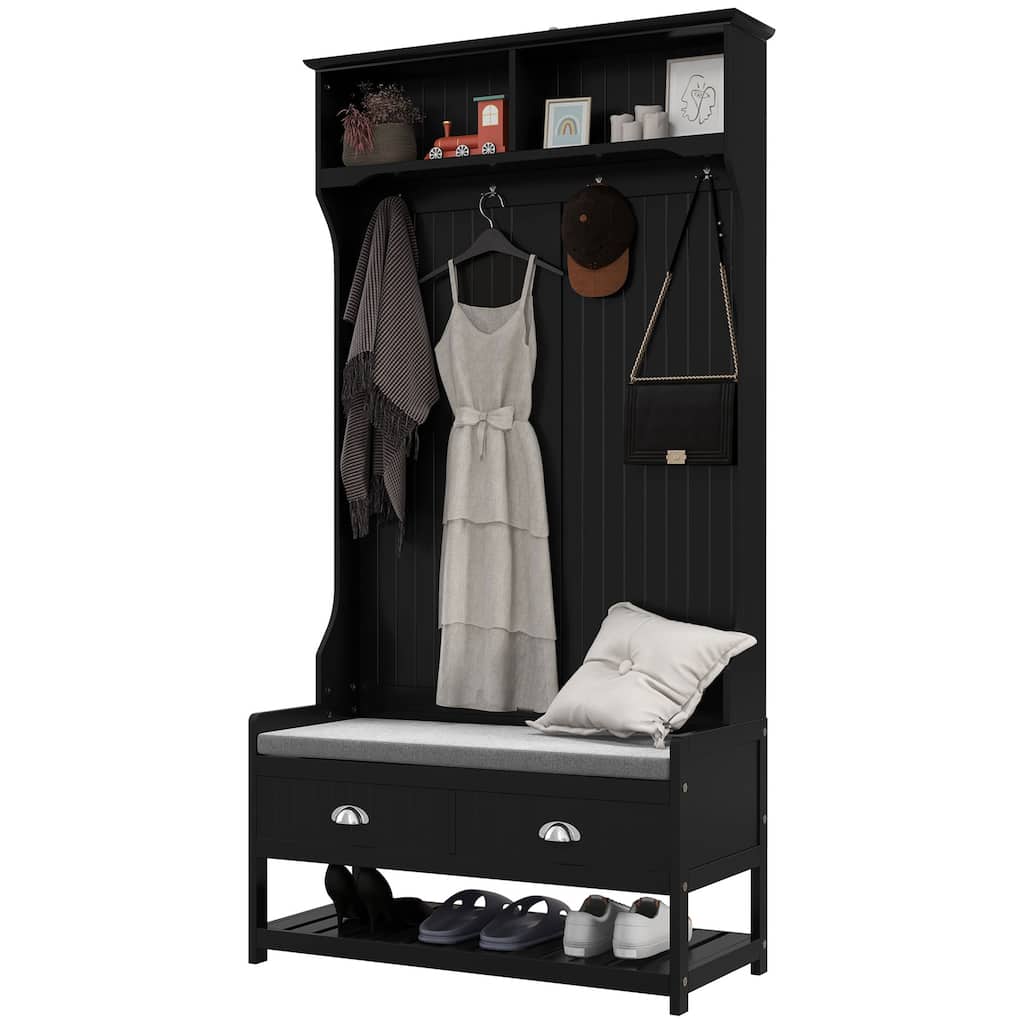 Modern Coat Rack with Entry Bench Shoe Rack 2 Drawers 4 Hooks and Upholstered Seat for Entry and Hallway
