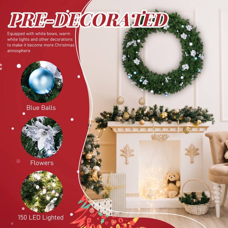 Pre-lit Christmas Wreath, Lighted Artificial Xmas Wreath with Lights and DIY Ornaments, for Xmas Party Decorations