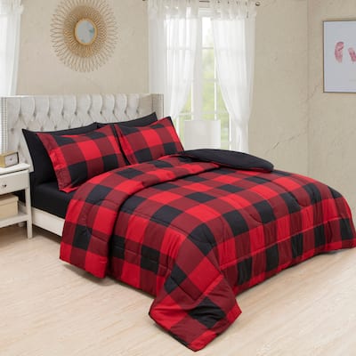 Bed in a Bag Soft Luxury Fluffy Goose Down Alternative Rich Printed Comforter Set Includes Sheet Set, Red Black Plaid Pattern
