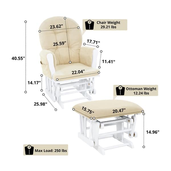 dimension image slide 1 of 4, Ultimate Nursery Comfort - Glider and Ottoman Set with Reclining Cushion Chair, Rocker Chair with Padded Back and Armrests