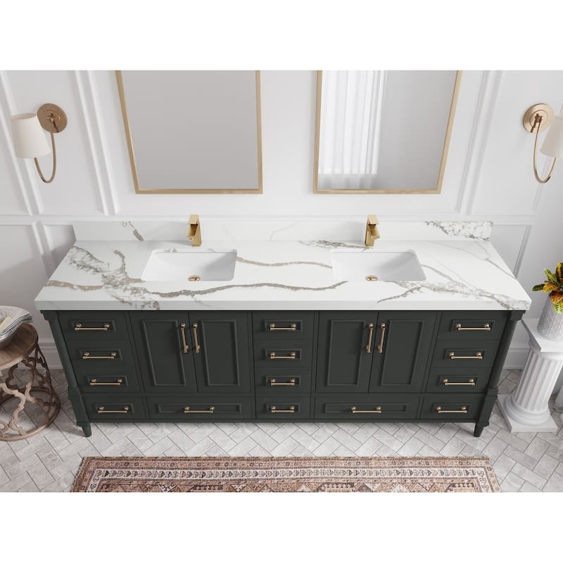 Willow Collections 84 in. W x 22 in. D Aberdeen Double Bowl Sink Bathroom Vanity with Countertop - 2" Calacatta Gold - Black Top
